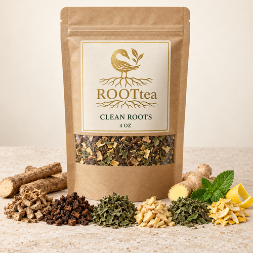 Clean Roots loose-leaf herbal tea pouch