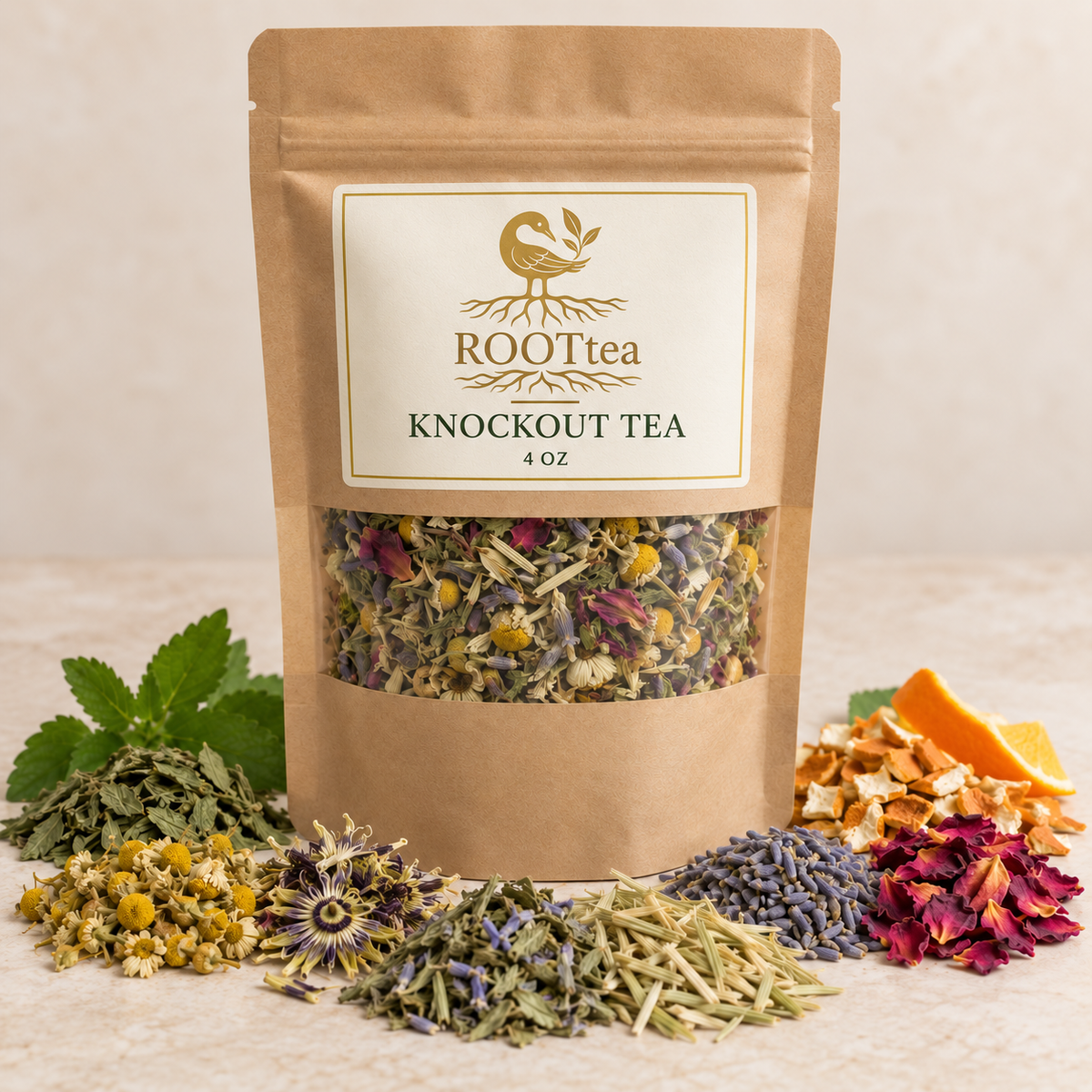 Knockout Tea loose-leaf herbal tea pouch