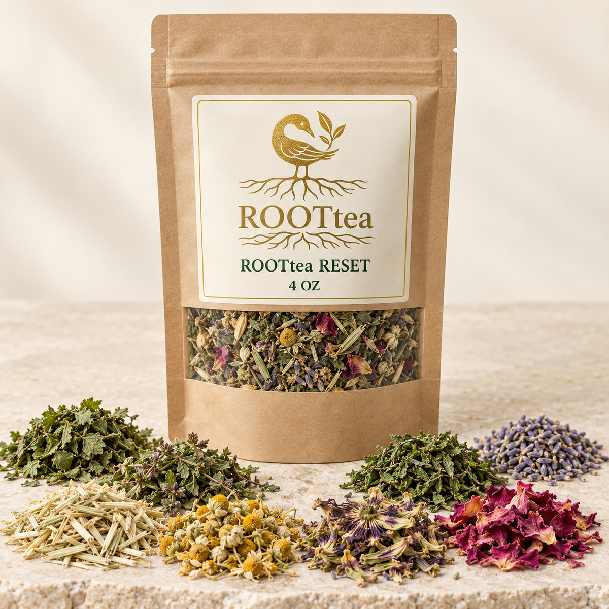 ROOTtea Reset loose-leaf herbal tea pouch